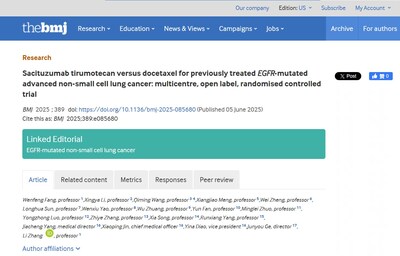 La British Medical Journal publie des résultats de l’étude sur le sacituzumab tirumotecan pour le CNPP avancé EGFR-Mutant précédemment traité