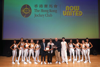 Dennis Hau, Executive Director of the Client Strategy Club, Information and Innovation (6th on the left), and Raymond Tam, Executive Director of the Club of Business Affairs (6th right), present the certificate of appointment at Aaron Kwok as an ambassador of the HKJC stars (Center). (Prnewsfoto / The Hong Kong Jockey Club)