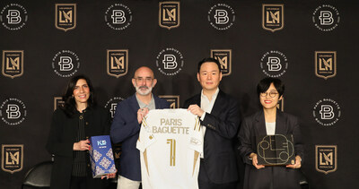 Paris Baguette and the Los Angeles Football Club host an official partnership ceremony at BMO Stadium in Los Angeles, California. From right to right: Yeon Jeong Kim, marketing director, Paris Baguette headquarters; Jin Soo Hur, vice-president of Paris Baguette; Larry Freedman, co-president, LAFC; and Cathy Chavenet, marketing director, Paris Baguette US
