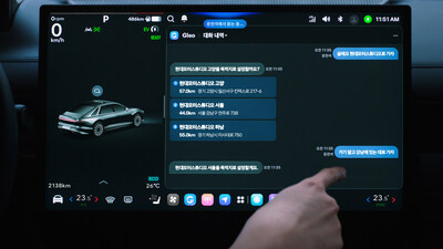 The Gleo AI application running on Pleos Connect. Drivers can activate Gleo AI, the in-vehicle AI agent, to search for destinations and set routes using voice commands. (PRNewsfoto/Hyundai Motor Group)