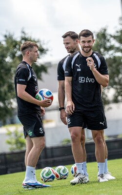 Members of the All Whites wearing training kit featuring Ivo branding following the announcement of a new partnership between Ivo and New Zealand Football.