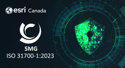 graphic with Esri Canada logo, ISO 31700-1:2023 logo and image of a shield with a lock
