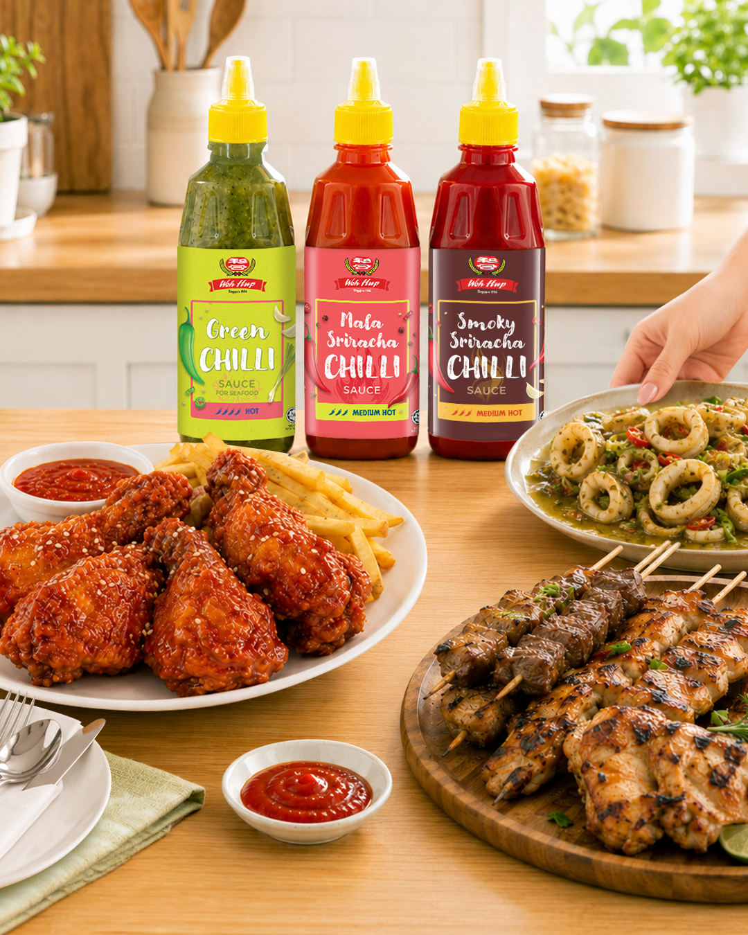 The Woh Hup chilli sauce range — Green Chilli, Mala Sriracha Chilli and Smoky Sriracha Chilli — pairs with everything from fried chicken to grilled skewers and seafood.