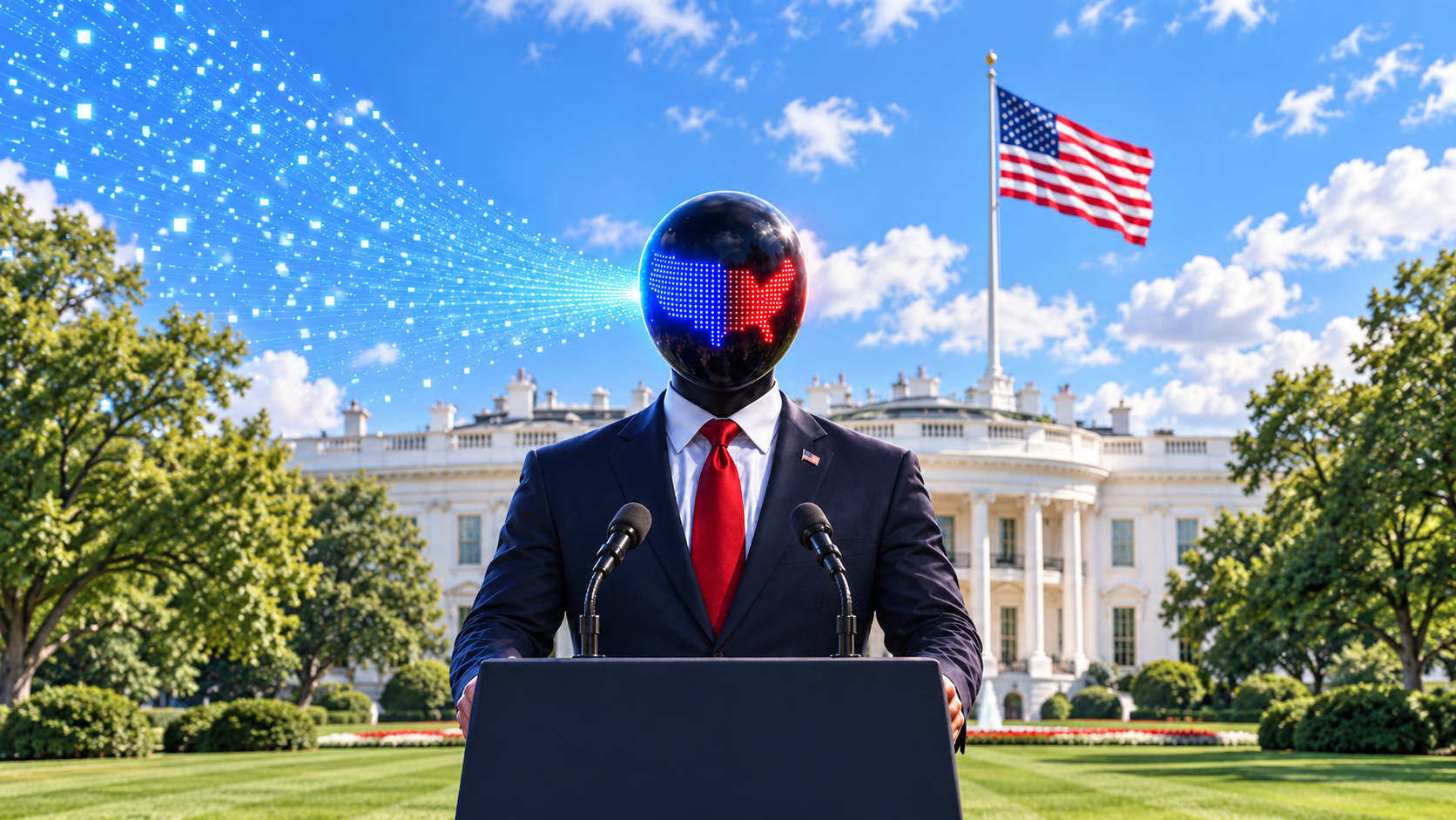 Could AI Be President? SYVIC Opens Public Participation in AI and Government Exploration Image of an AI figure at a presidential podium